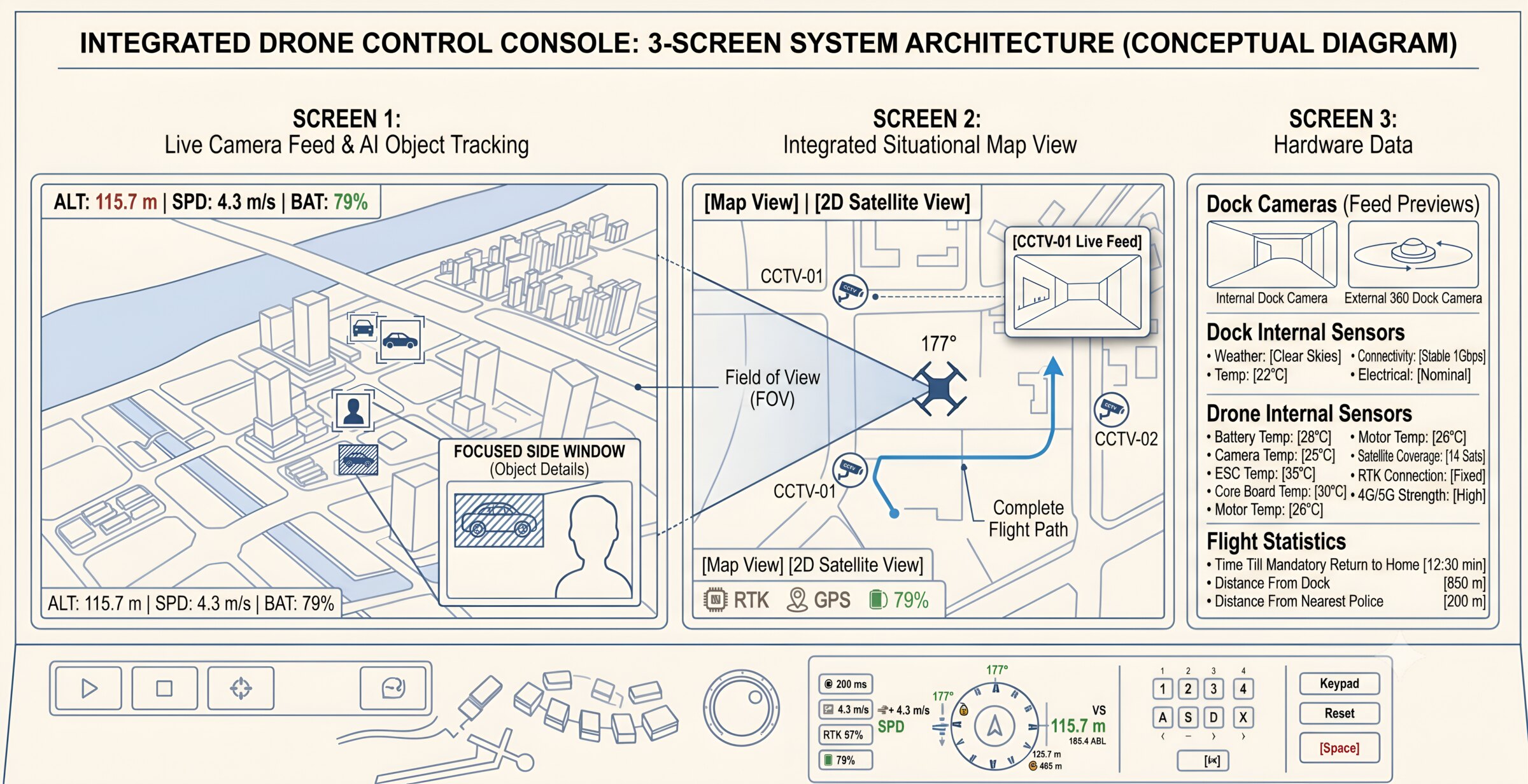 Integrated drone control console — live camera feed with AI object tracking, situational map view, and hardware data